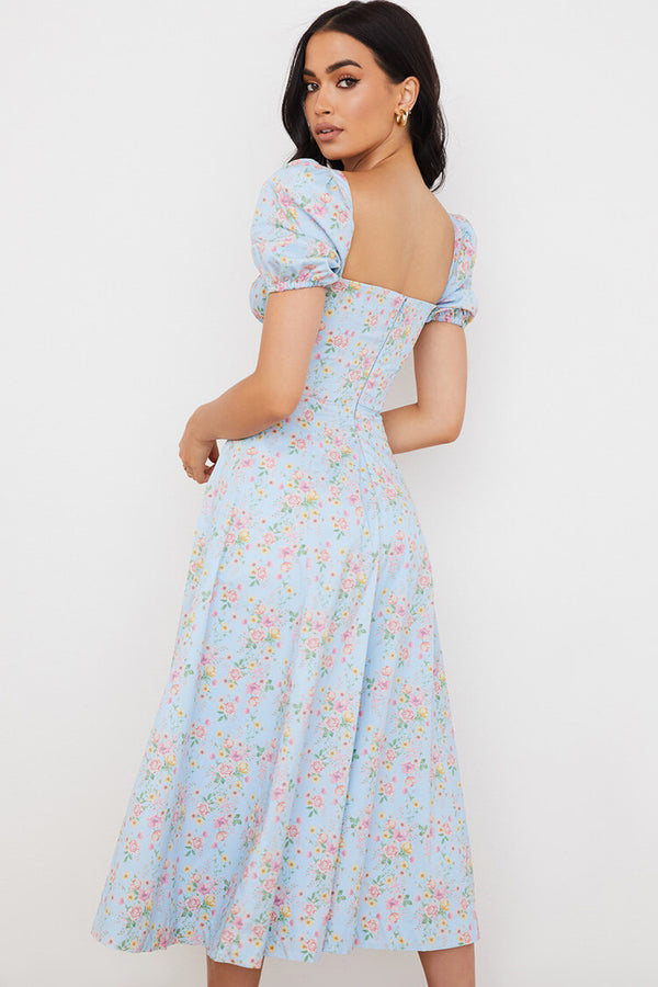 Puff Sleeve Ditsy Floral Tie Front High Slit Midi Dress - Sky Blue