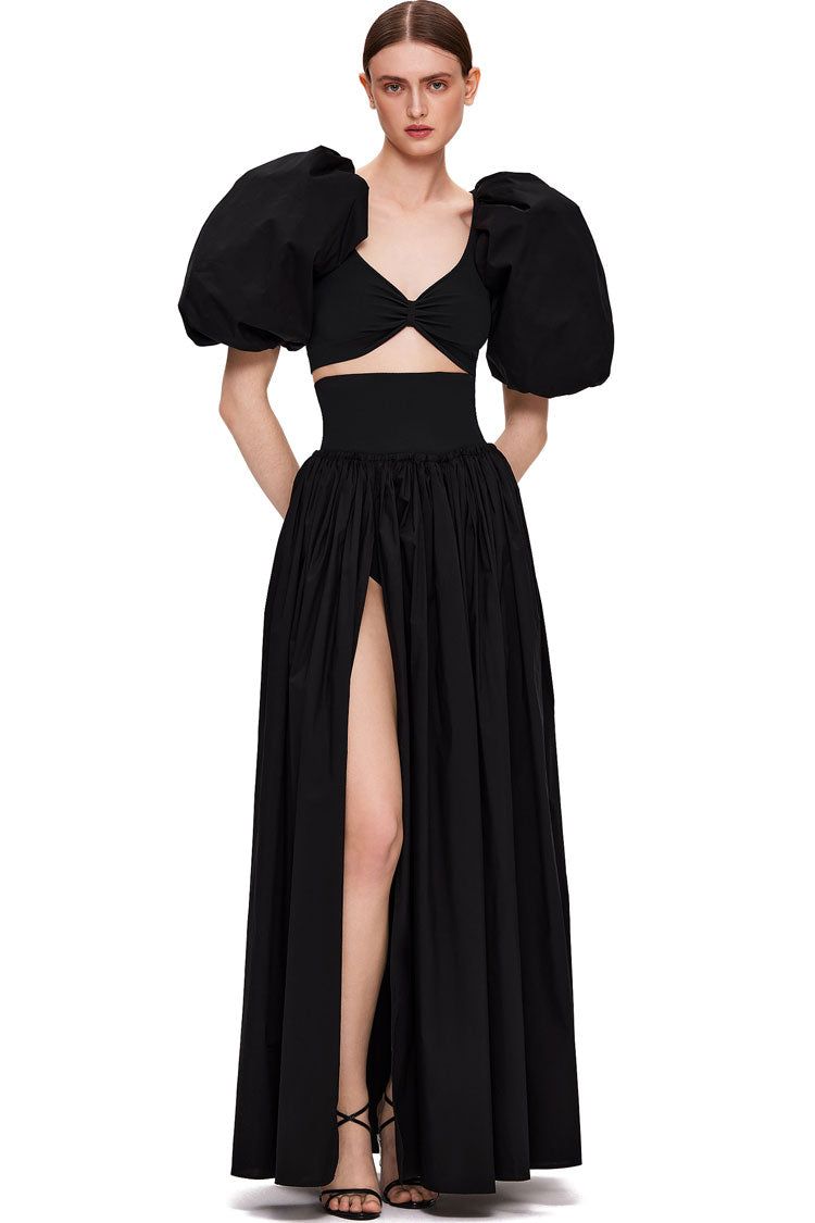 Puffl Sleeve Crop High Waist High Split Two Piece Maxi Dress - Black