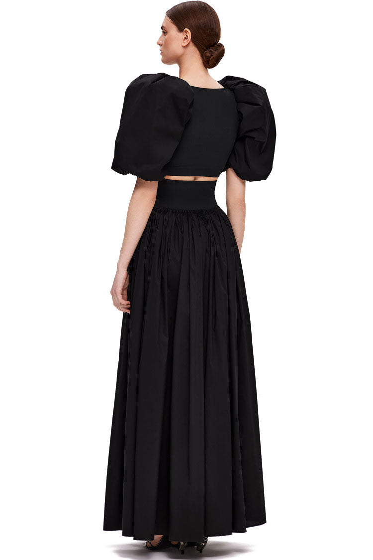 Puffl Sleeve Crop High Waist High Split Two Piece Maxi Dress - Black