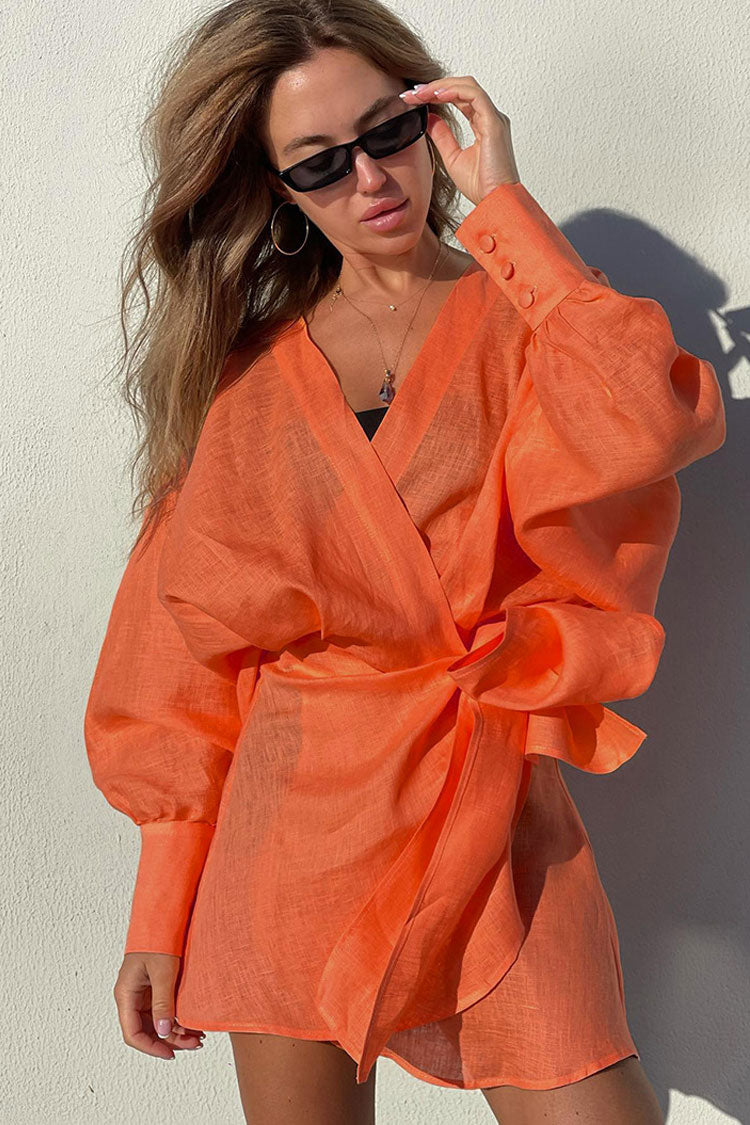 Relaxed Balloon Sleeve Bow Side Linen Wrap Mini Dress - Burnt Orange