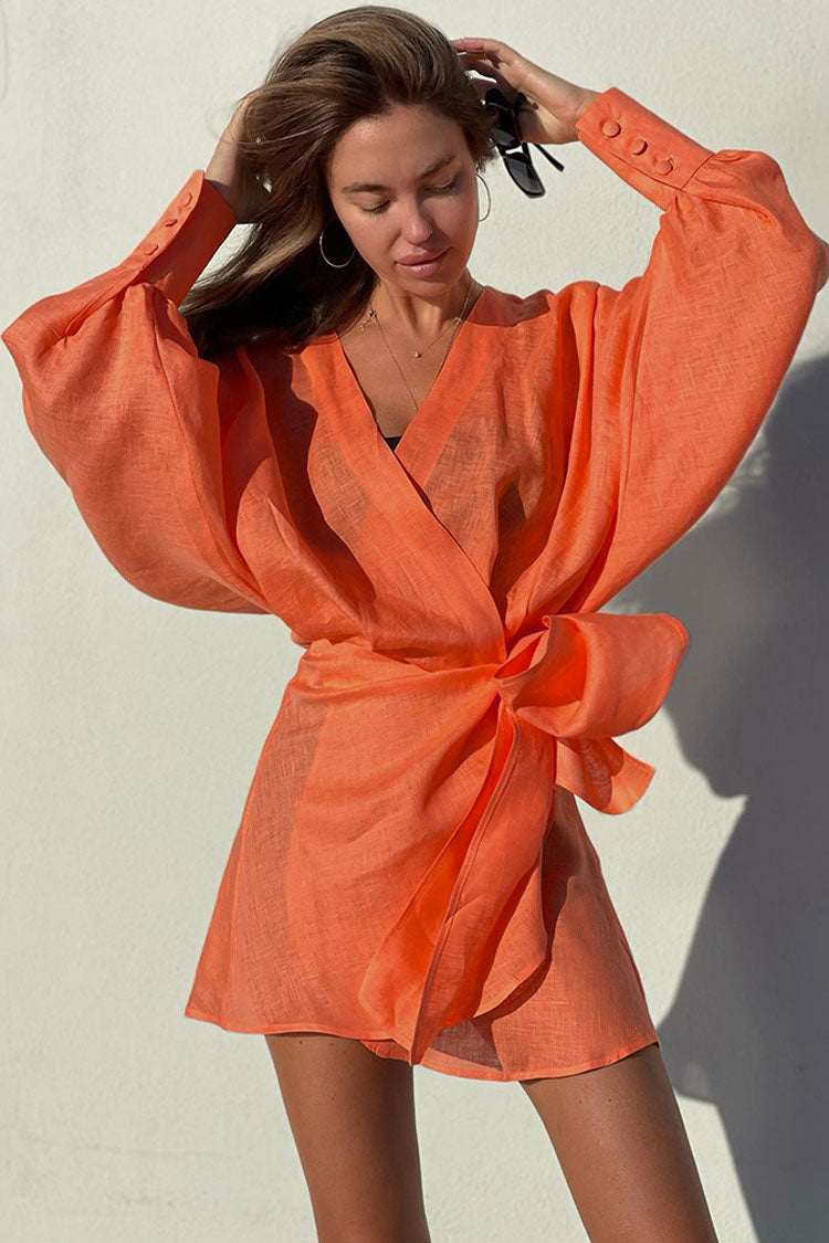 Relaxed Balloon Sleeve Bow Side Linen Wrap Mini Dress - Burnt Orange