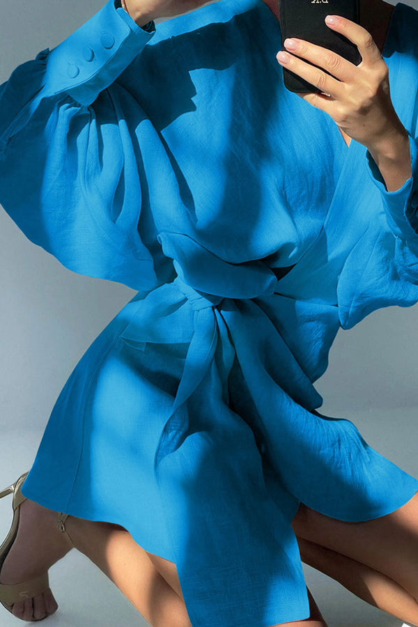 Relaxed Balloon Sleeve Bow Side Linen Wrap Mini Dress - Sky Blue
