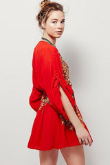 Retro Embroidered Deep V Sleeved Boho Style Mini Dress - Red