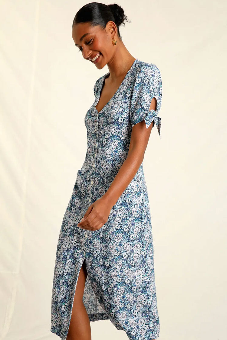 Retro Floral Print Tie Sleeve Button Up French Shirt Midi Dress - Blue