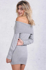 Ribbed Long Sleeve Draped Off Shoulder Mini Sweater Dress - Gray
