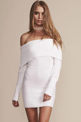 Ribbed Long Sleeve Draped Off Shoulder Mini Sweater Dress - White
