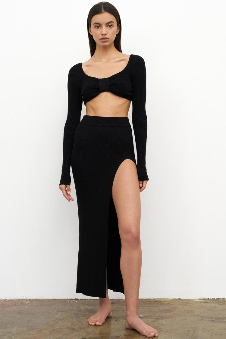 Ribbed Long Sleeve High Slit Two Piece Dress - Black