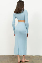 Ribbed Long Sleeve High Slit Two Piece Dress - Sky Blue
