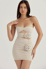 Romantic Flower Cutout Mesh Ruched Strapless Mini Dress - Light Gray