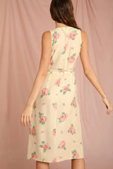 Romantic Rose Printed Sleeveless French Wrap Midi Dress - Yellow