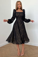 Romantic Square Neck Puff Sleeve Jacquard Chiffon Midi Dress - Black