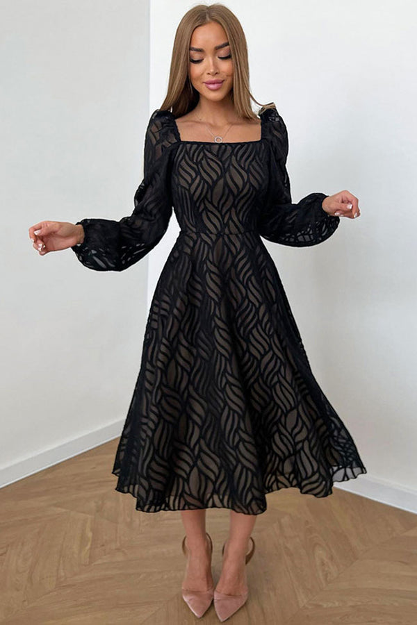 Romantic Square Neck Puff Sleeve Jacquard Chiffon Midi Dress - Black