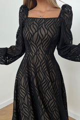 Romantic Square Neck Puff Sleeve Jacquard Chiffon Midi Dress - Black