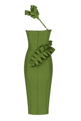 Ruffle One Shoulder Bandage Cocktail Party Midi Dress - Green
