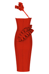Ruffle One Shoulder Bandage Cocktail Party Midi Dress - Red