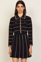 Scalloped Striped Cardigan Knit Skirt Two Piece Mini Dress - Black