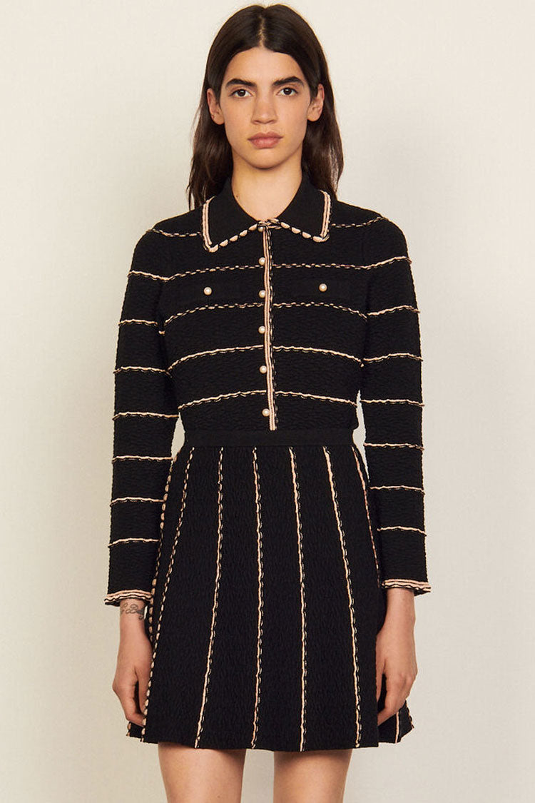 Scalloped Striped Cardigan Knit Skirt Two Piece Mini Dress - Black