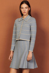 Scalloped Striped Cardigan Knit Skirt Two Piece Mini Dress - Blue