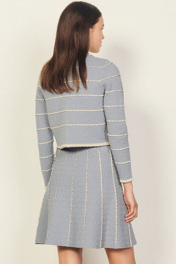 Scalloped Striped Cardigan Knit Skirt Two Piece Mini Dress - Blue