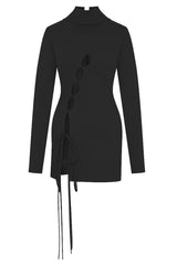 Sexy Cutout Bow Tie High Neck Long Sleeve Bandage Mini Dress - Black