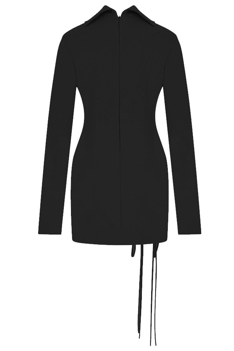 Sexy Cutout Bow Tie High Neck Long Sleeve Bandage Mini Dress - Black