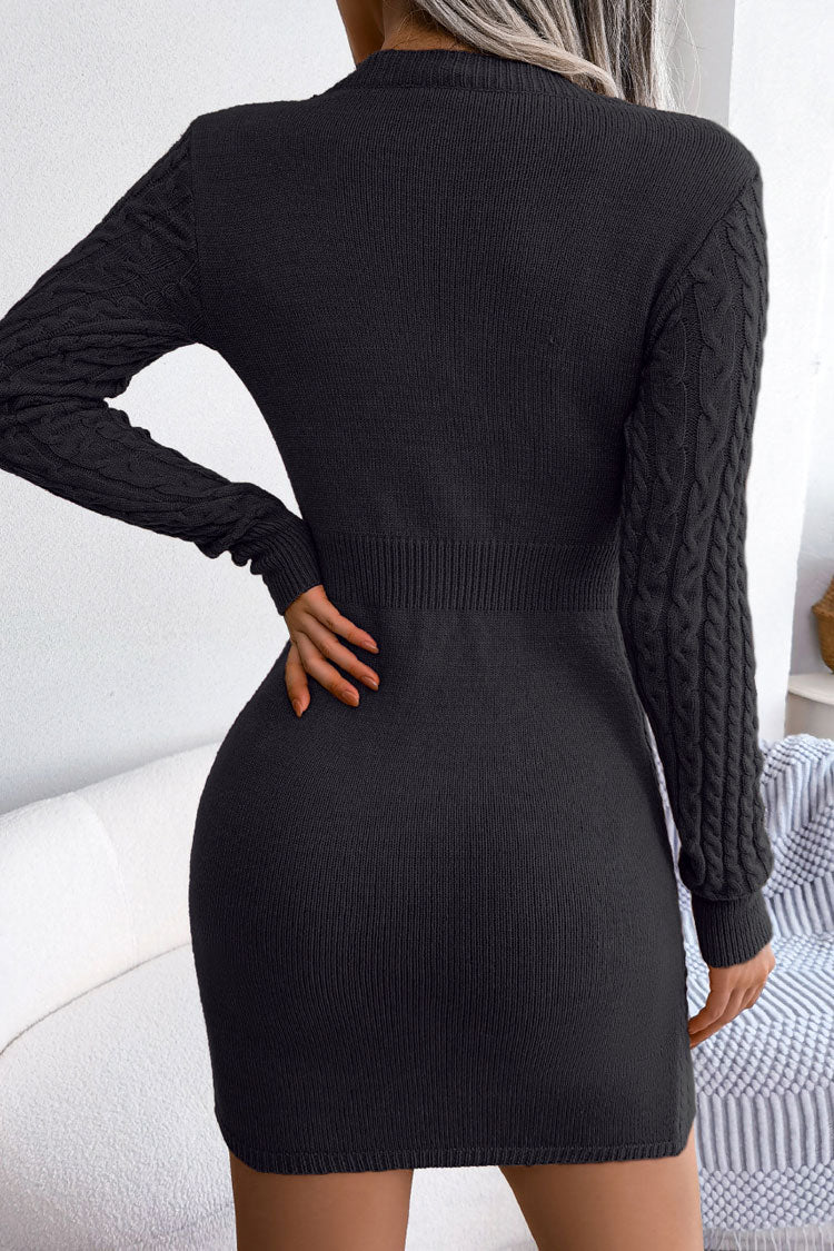 Sexy Cutout Fisherman Cable Knit Bodycon Sweater Mini Dress - Black