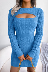 Sexy Cutout Fisherman Cable Knit Bodycon Sweater Mini Dress - Blue