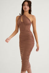 Sexy Cutout One Shoulder Ruched Bodycon Mesh Corset Midi Dress - Brown