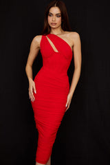 Sexy Cutout One Shoulder Ruched Bodycon Mesh Corset Midi Dress - Red