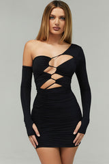 Sexy Cutout One Shoulder Ruched Party Mini Dress - Black