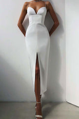 Sexy Deep V High Slit Sleeveless Bandage Cocktail Party Maxi Dress - White