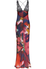 Sexy Deep V Printed Lace Chiffon Sheer Fishtail Slip Maxi Dress - Multicolor