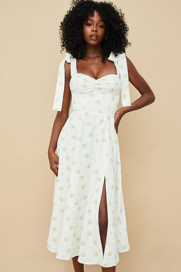 Sexy Ditsy Floral Tie Strap Fit & Flare High Slit Slip Midi Sun Dress - Yellow