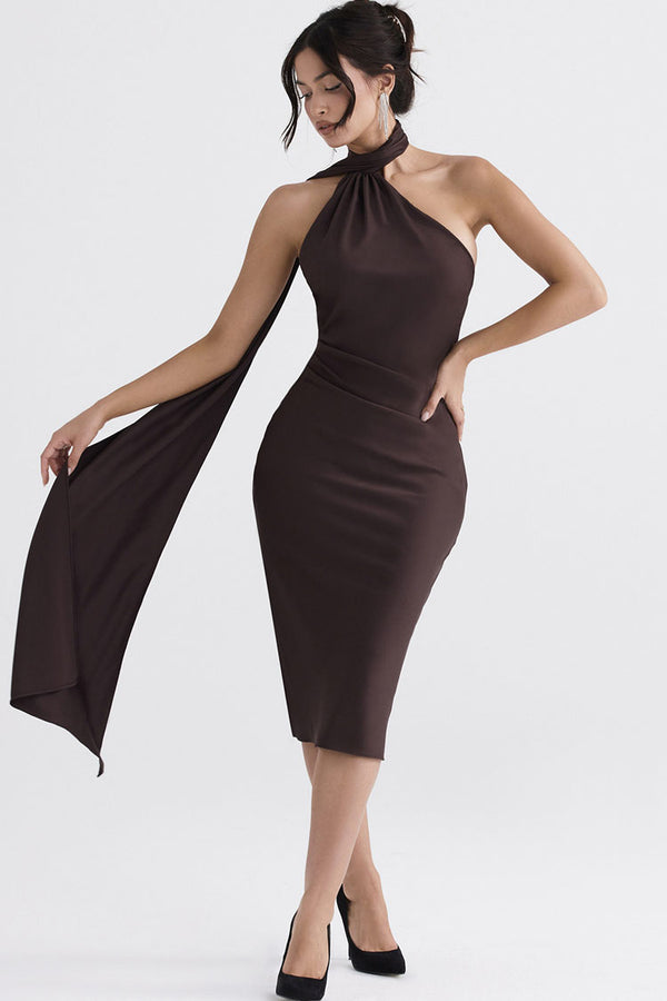 Sexy Draped Backless Wrap Halter Tie Satin Midi Dress - Chocolate