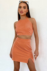 Sexy Halter Crop High Waist Split Skirt Two Piece Mini Dress - Orange
