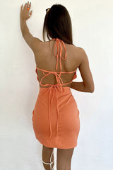Sexy Halter Crop High Waist Split Skirt Two Piece Mini Dress - Orange