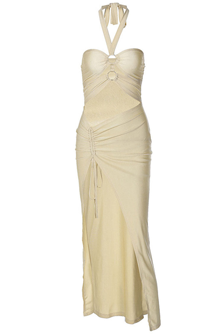 Sexy Halter Ruched Side Split Cutout Beach Vacation Maxi Dress - Apricot