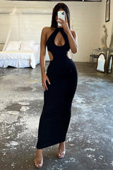Sexy High Neck Cutout Sleeveless Bodycon Maxi Dress - Black