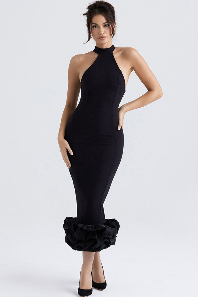 Sexy High Neck Sleeveless Bodycon Ruffle Cocktail Party Midi Dress - Black