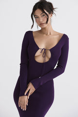 Sexy Plunge Neck Cutout Backless Long Sleeve Bodycon Maxi Dress - Purple