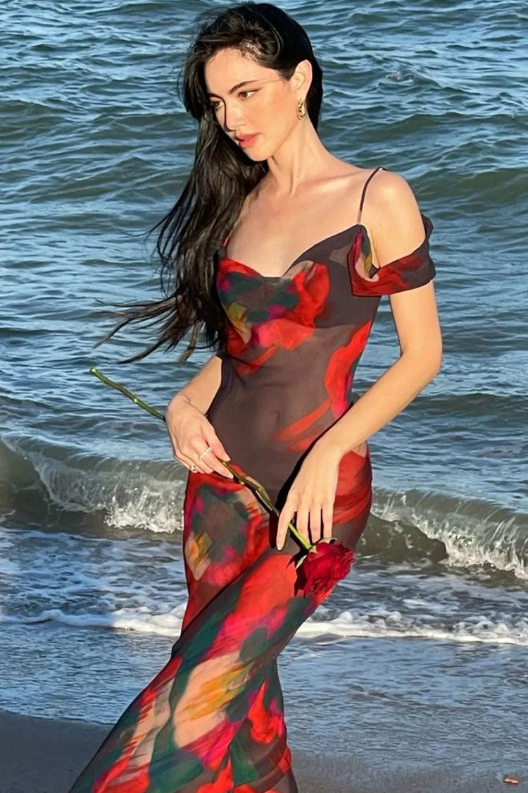 Sexy Printed Cowl Neck Chiffon Sheer Beach Vacation Maxi Dress - Red
