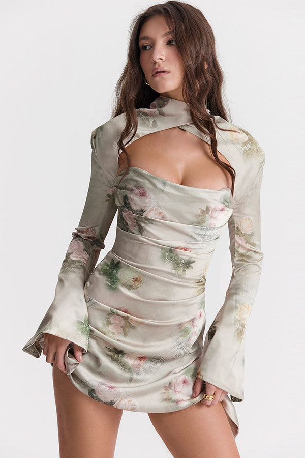 Sexy Printed High Neck Cutout Draped Long Sleeve Satin Mini Dress - Floral