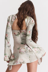Sexy Printed High Neck Cutout Draped Long Sleeve Satin Mini Dress - Floral