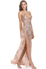 Sexy Scalloped Deep V High Split Sequin Lace Evening Maxi Dress -Apricot