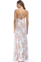 Sexy Scalloped Deep V High Split Sequin Lace Evening Maxi Dress - White
