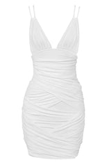 Sexy Spaghetti Strap V Neck Ruched Mesh Mini Dress - White