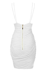 Sexy Spaghetti Strap V Neck Ruched Mesh Mini Dress - White