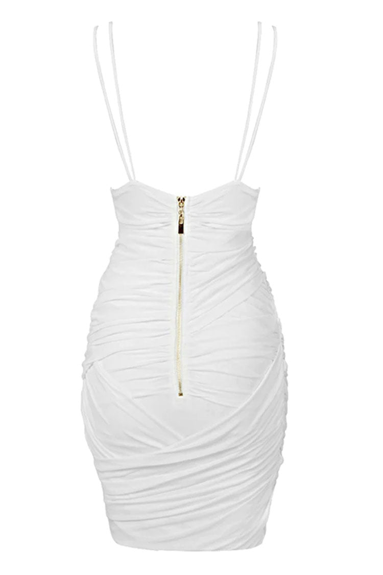Sexy Spaghetti Strap V Neck Ruched Mesh Mini Dress - White