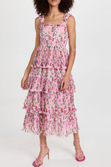 Sexy Square Neck Smocked Tiered Pleated Floral Midi Sundress - Pink