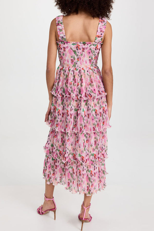 Sexy Square Neck Smocked Tiered Pleated Floral Midi Sundress - Pink